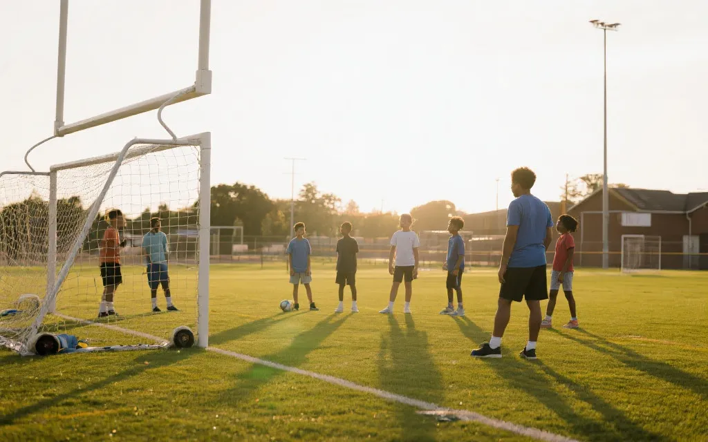社区球场上，志愿者带领青少年进行基础足球训练，氛围积极温暖